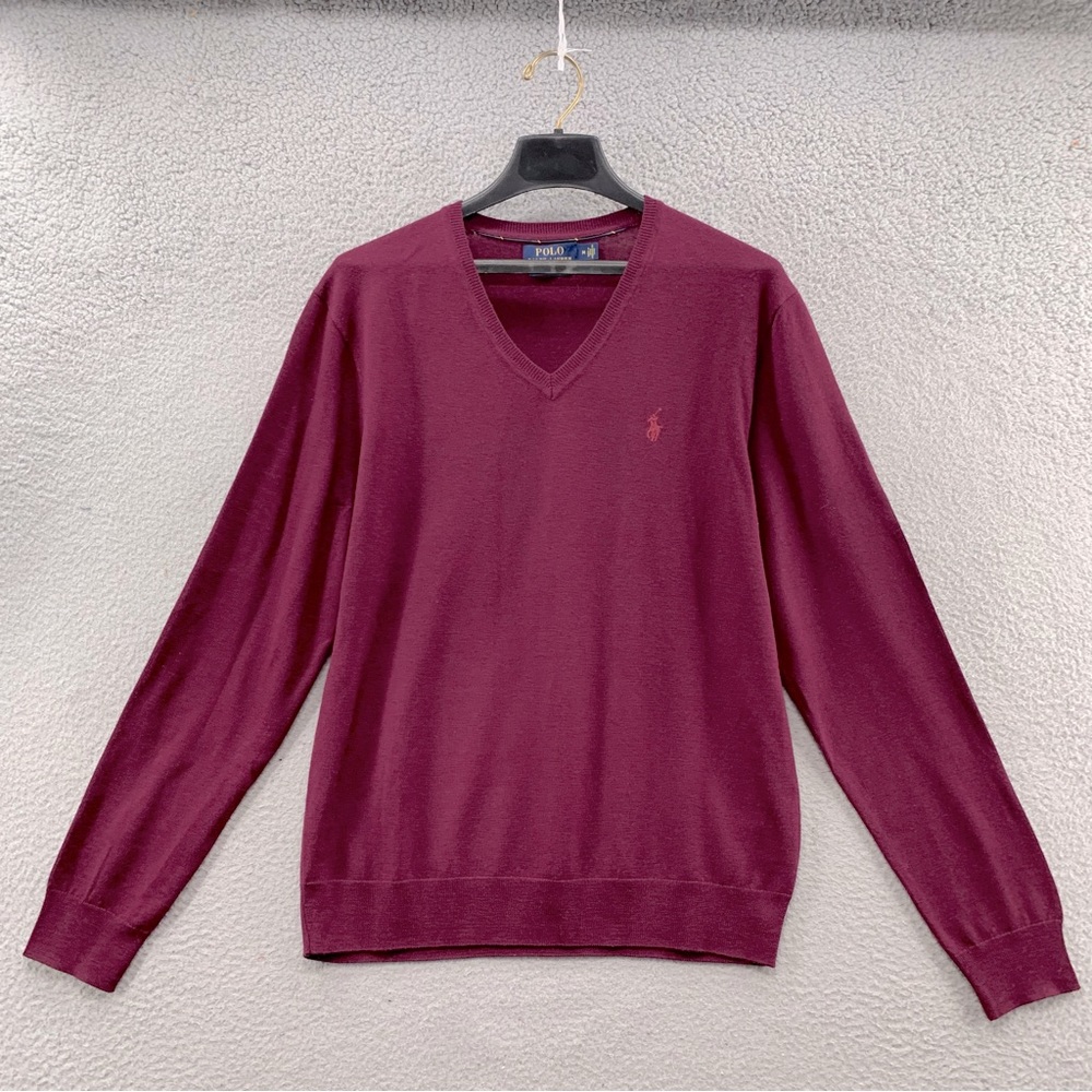 Polo Ralph Lauren Merino Wool V-Neck Sweater Pullover Size Medium Red Burgundy